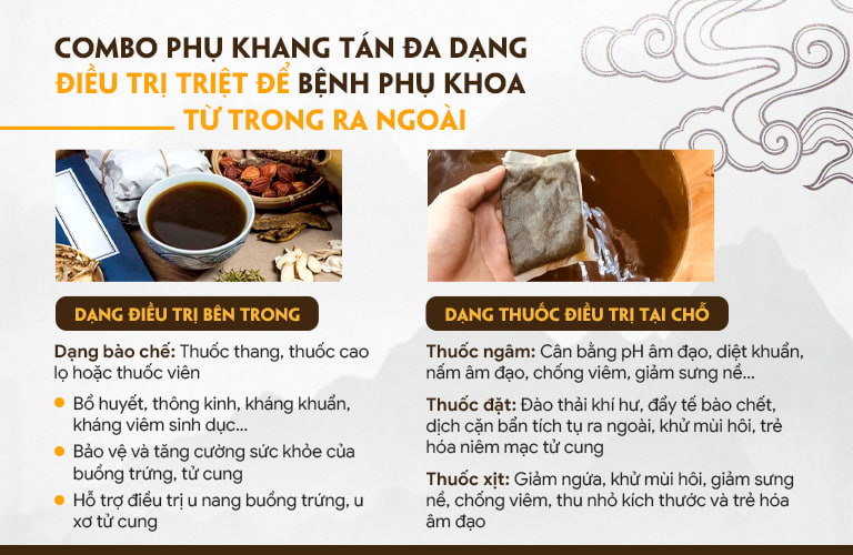 Phụ Khang Tán gồm hai nhóm thuốc điều trị từ trong ra ngoài